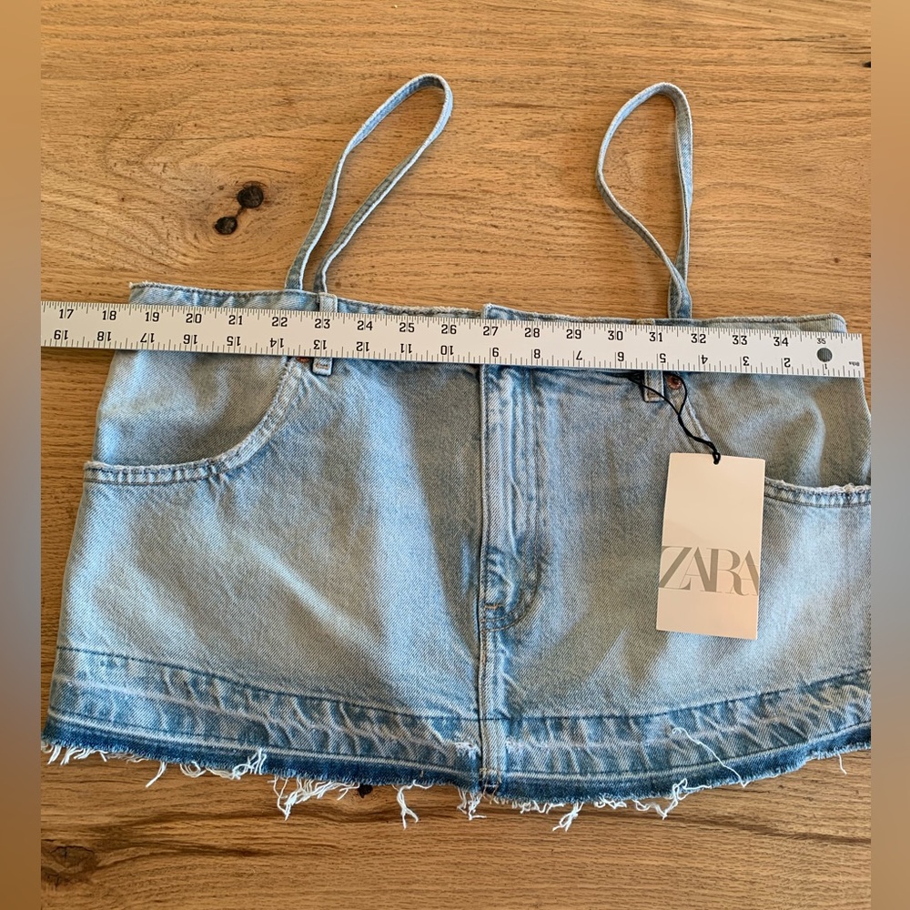 Zara Cropped Distressed Denim Top Spaghetti Strap Blue Women’s Large NWT - Picture 3 of 6
